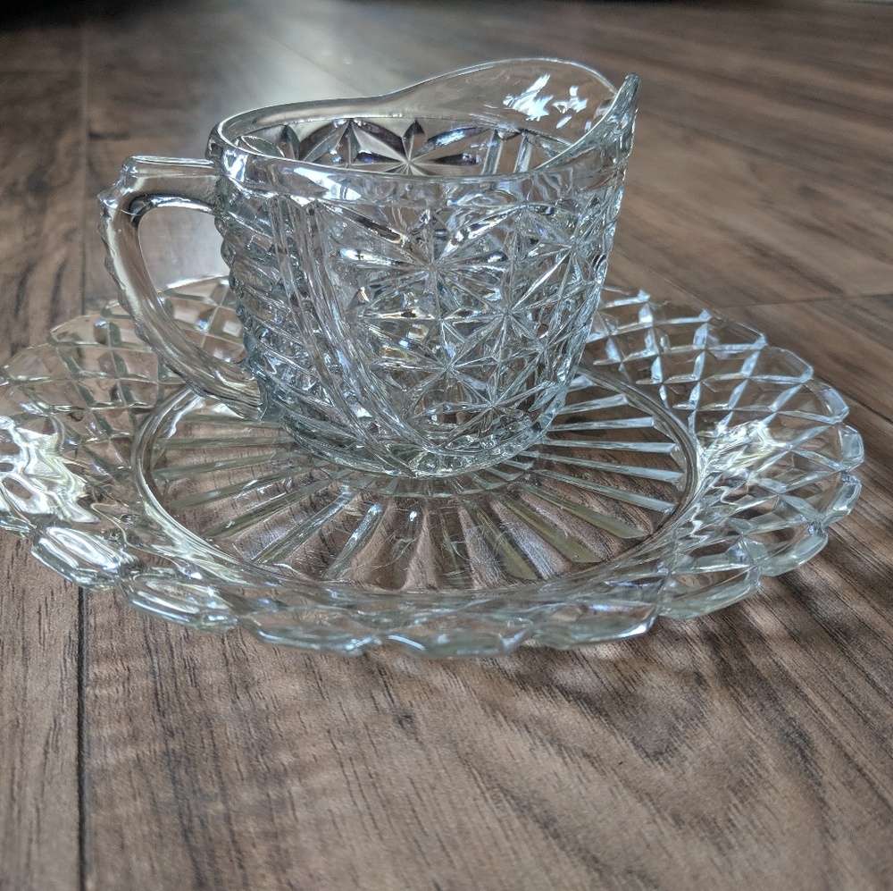 Early 1900's Etched Crystal Creamer + Dish - Picture 2 of 8